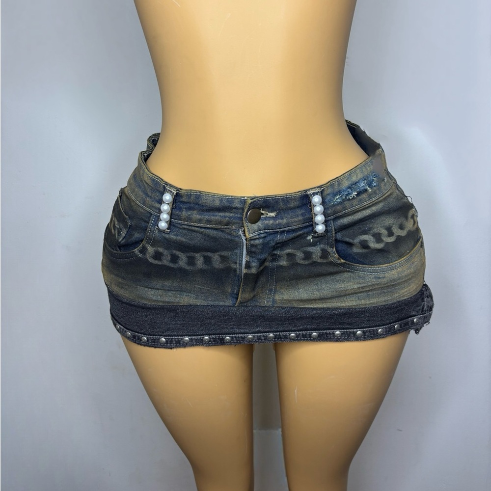 Denim Mini Skirt with Pearl Details